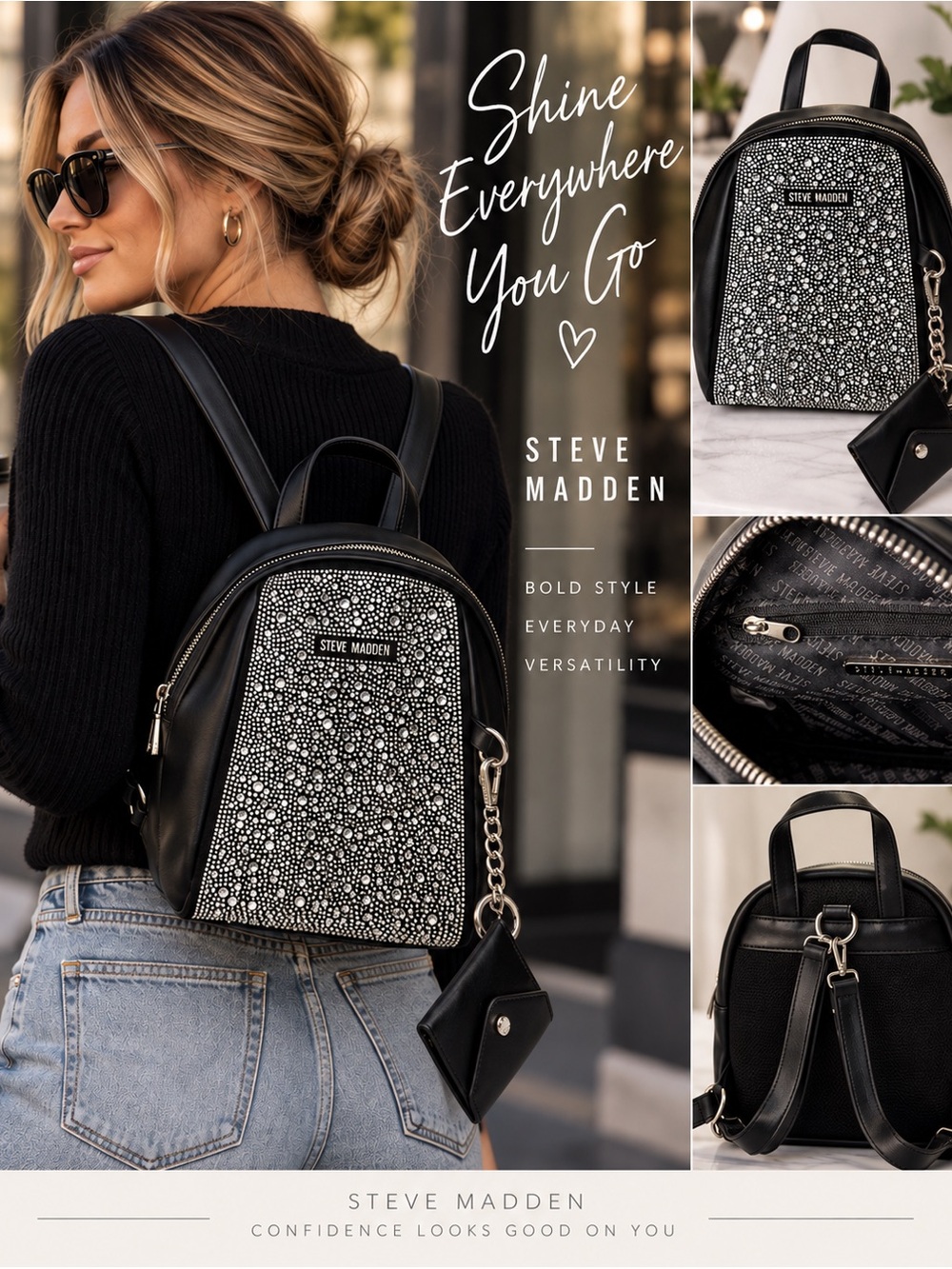 NWT Steve Madden Rhinestone Mini Backpack Black Bling Card Case
